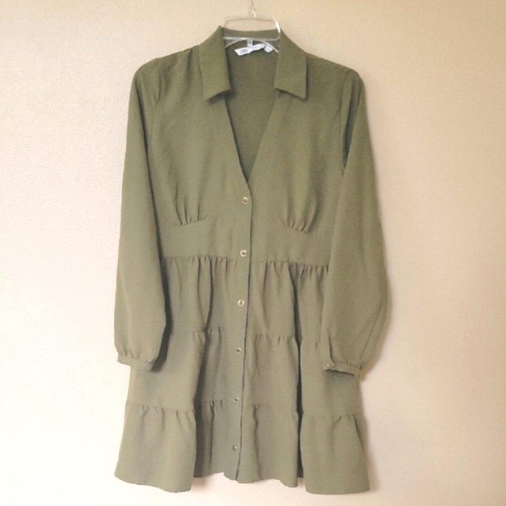 Zara Womens Olive Green Button Front Long Sleeve Mini Dress - Size Small